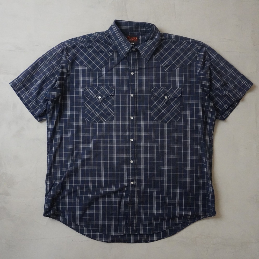 Vintage Plains Western Wear Mens XL Navy Blue Short Sleeve Pearl Snap Shirt
